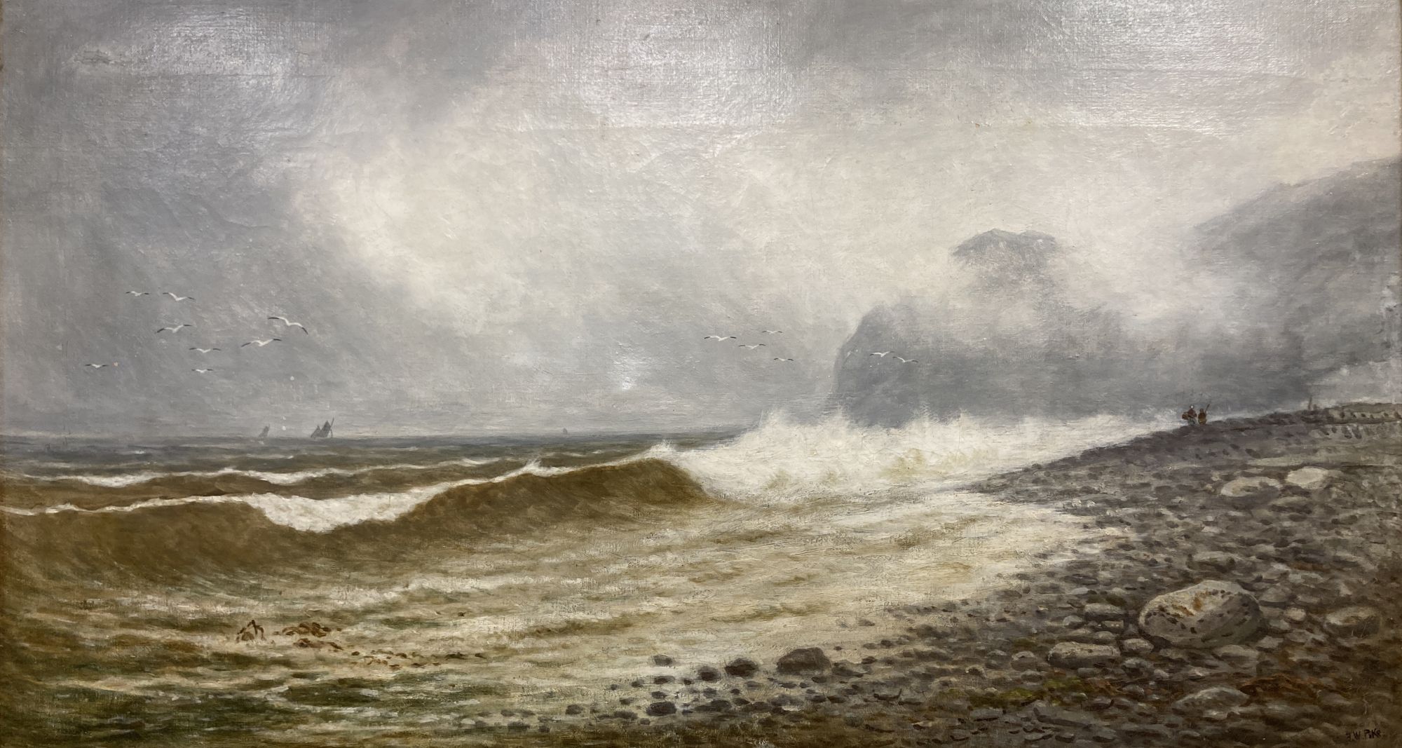 Frederick William Pike, oil on canvas, Waves breaking on the shore with shipping in the distance, signed, 49 x 90cm